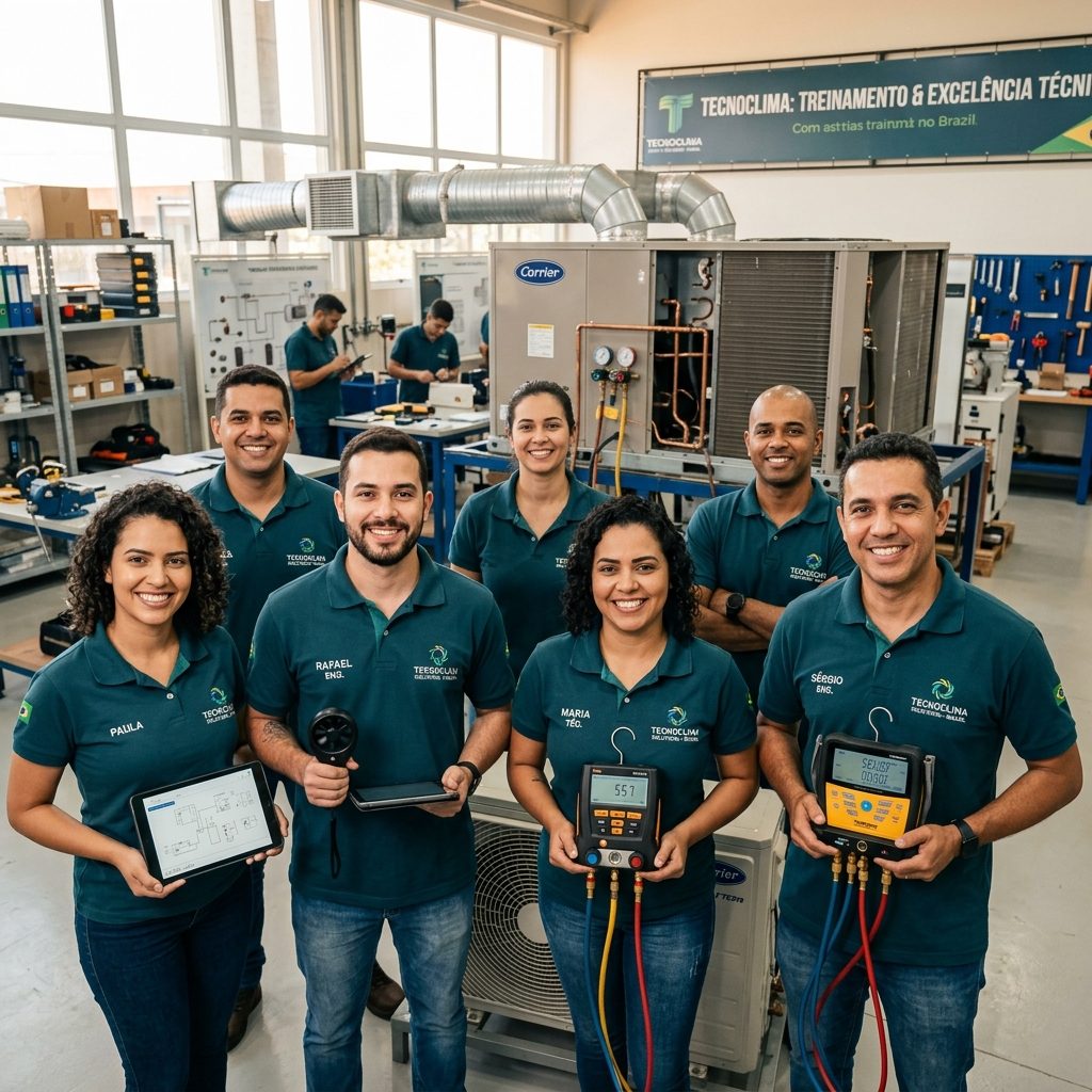 Equipe técnica da NorteClima sorridente com uniformes e equipamentos no centro de treinamento