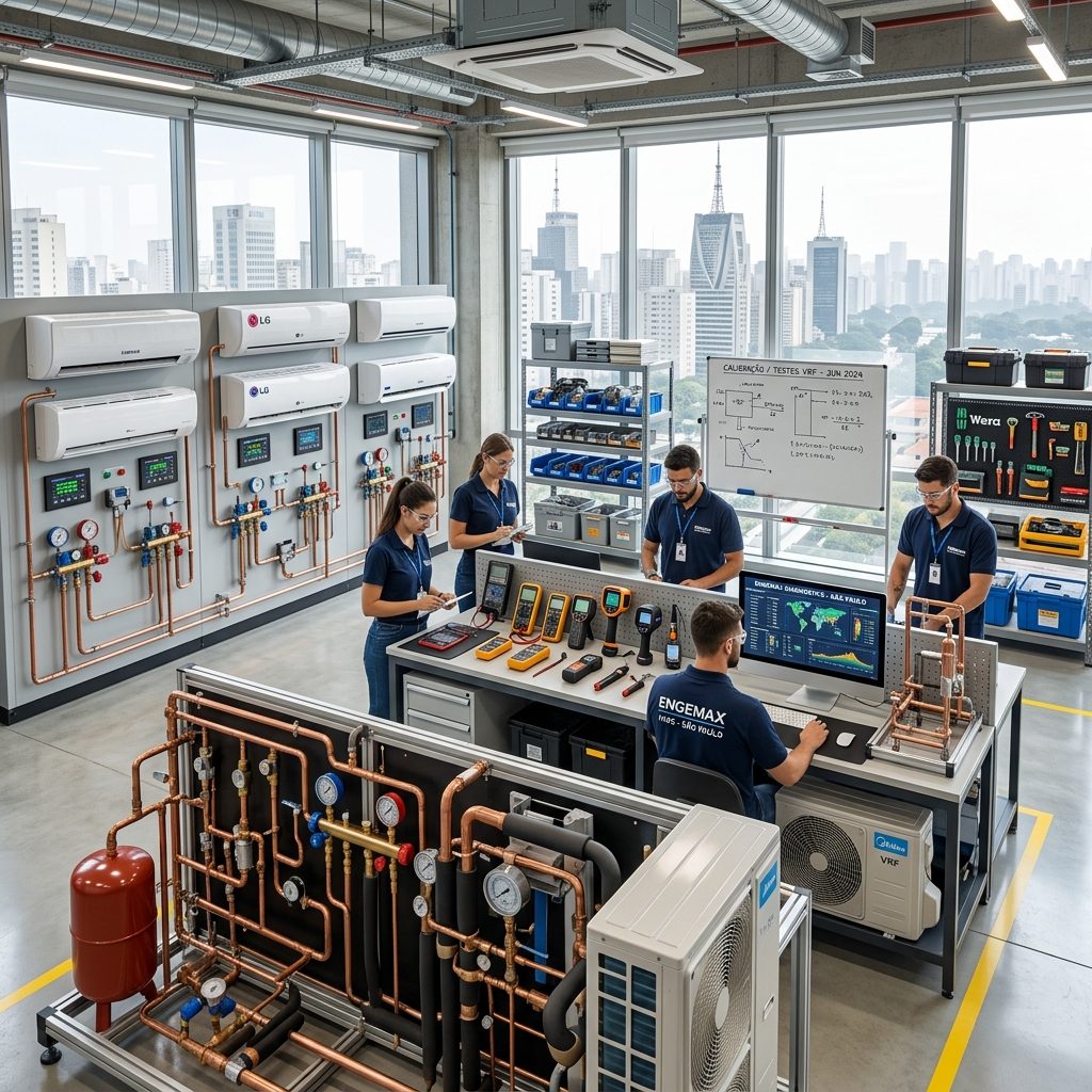 Laboratório técnico de engenharia de climatização e bancada de testes da NorteClima em São Paulo