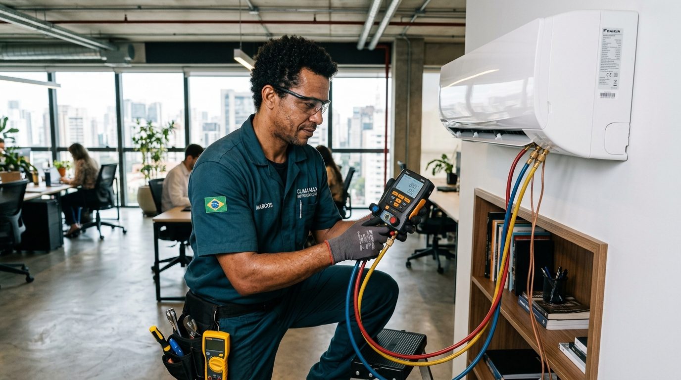 Técnico realizando leitura digital de superaquecimento em ar-condicionado Daikin